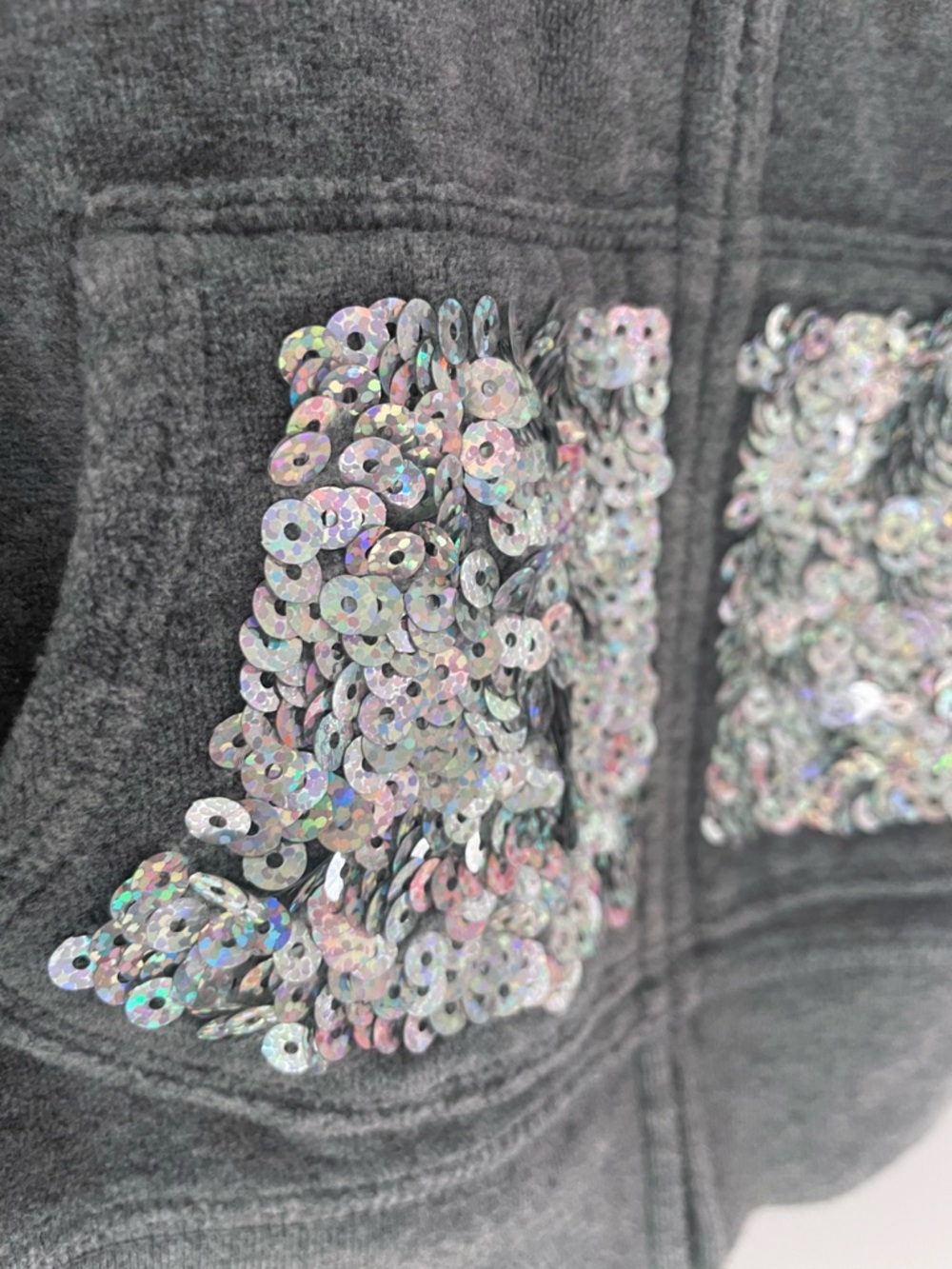 Sequin 3D Bear Ears Hoodie! Sequins on Ears, Pockets & Sleeves, Soft Gray Velour - Picture 7 of 14
